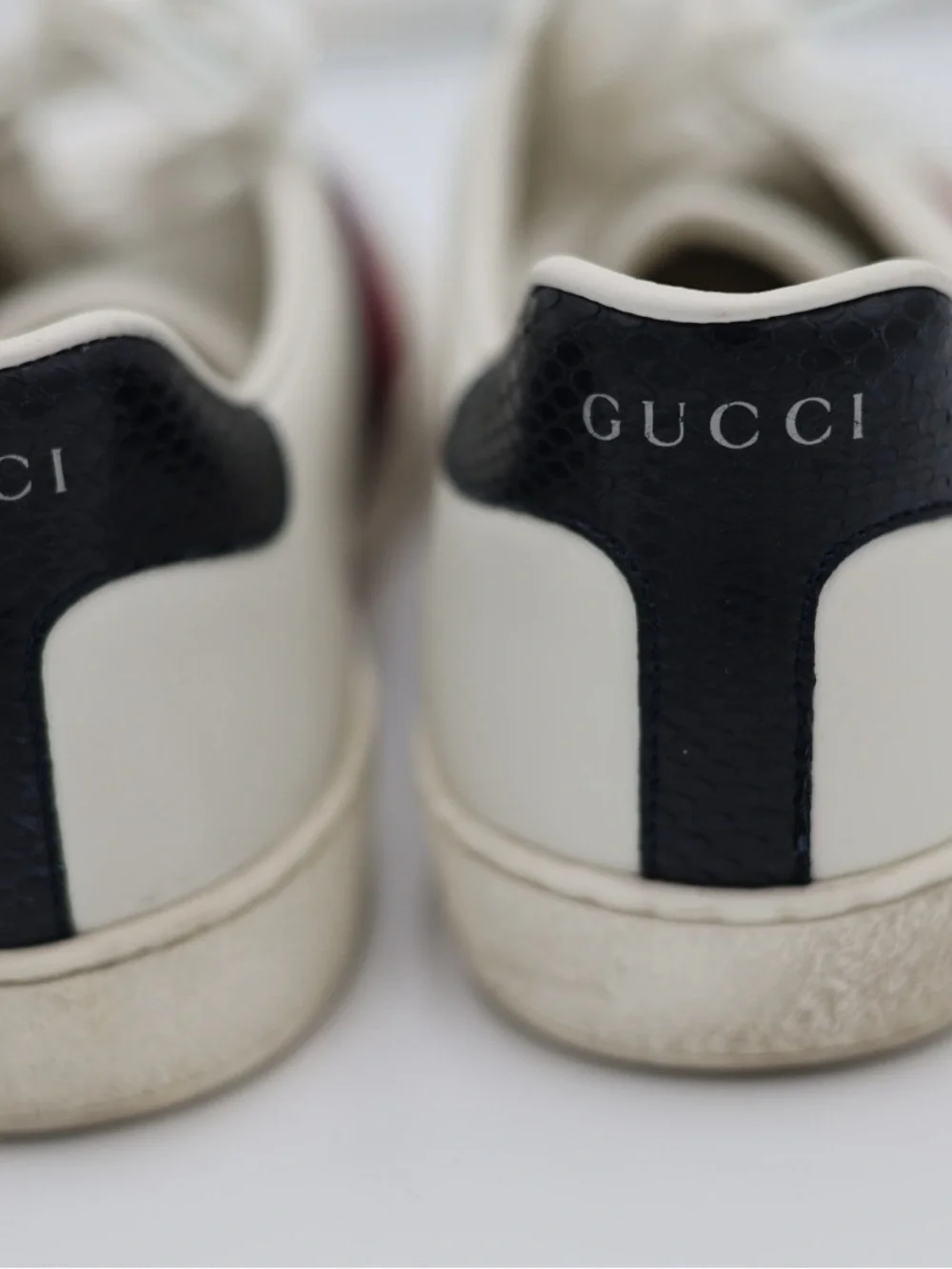 Gucci White Leather Sneakers with Red and Navy Web Stripe