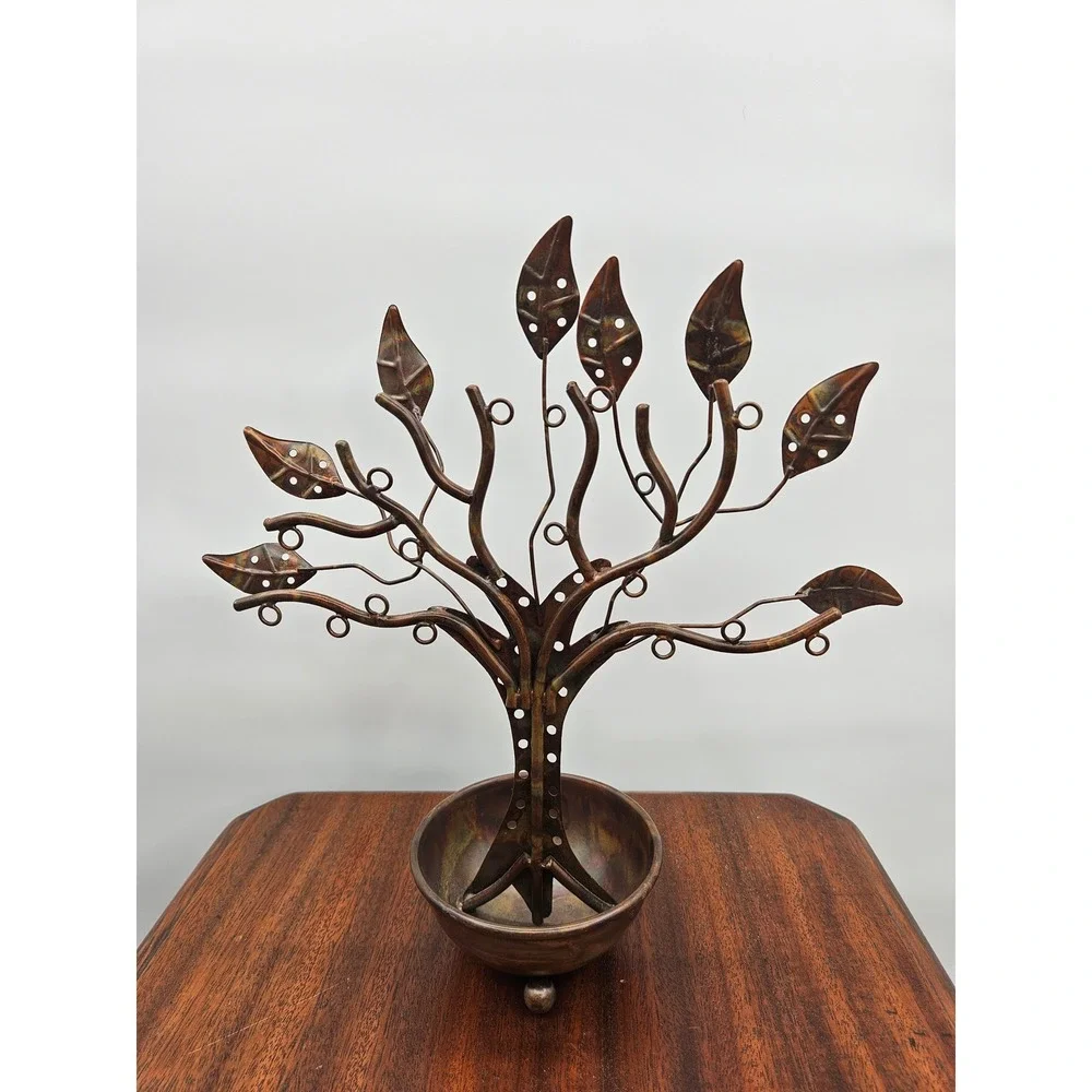 Ancient Graffiti Flamed Copper Metal Jewelry Tree Stand Organizer Made in India