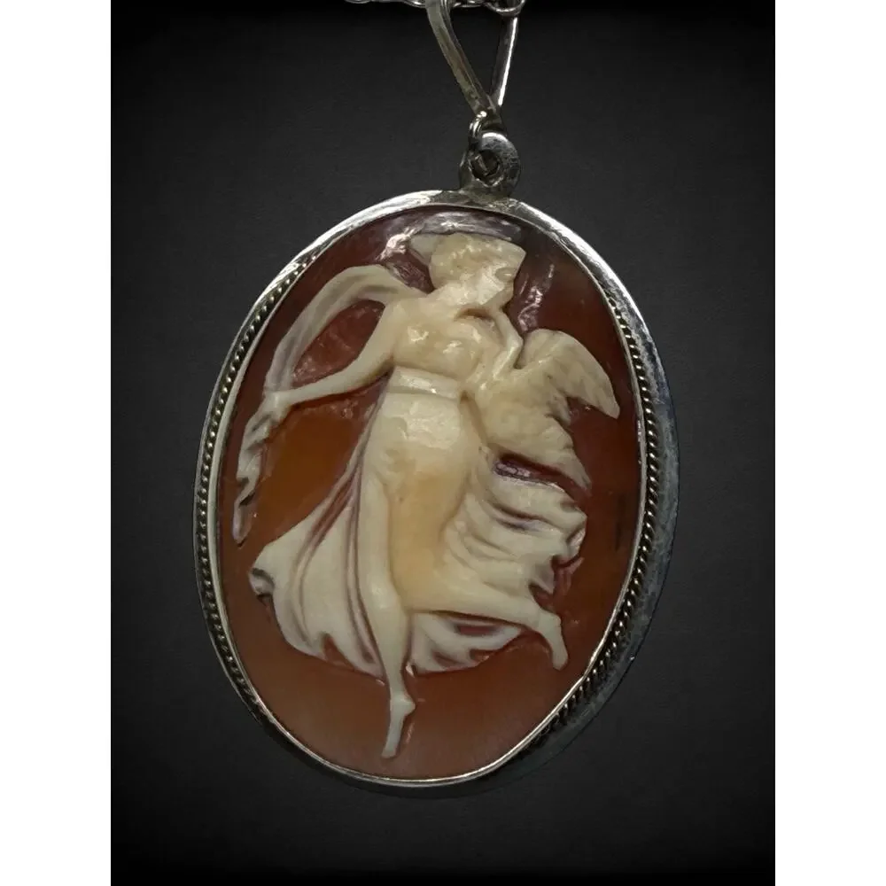 Vintage Sterling Shell Cameo Dancing Muse Necklace & Matching Clip Earrings Set