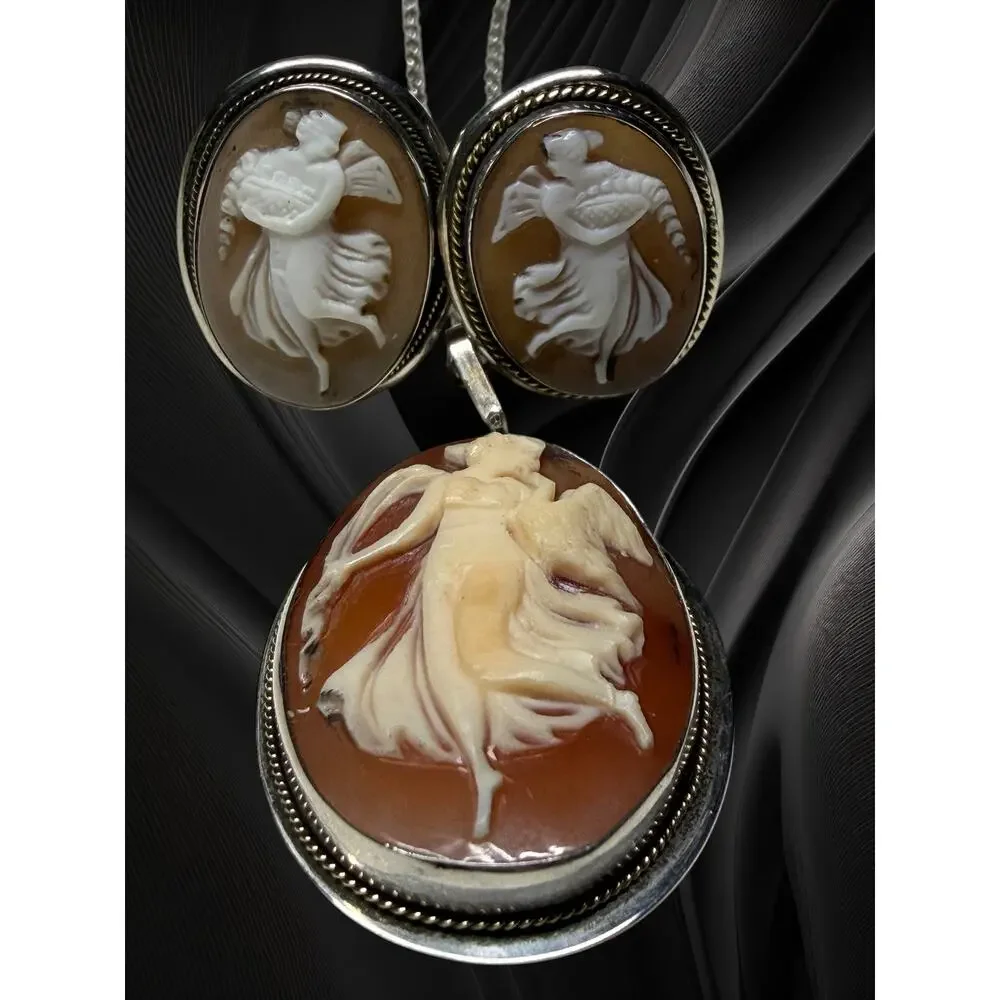 Vintage Sterling Shell Cameo Dancing Muse Necklace & Matching Clip Earrings Set