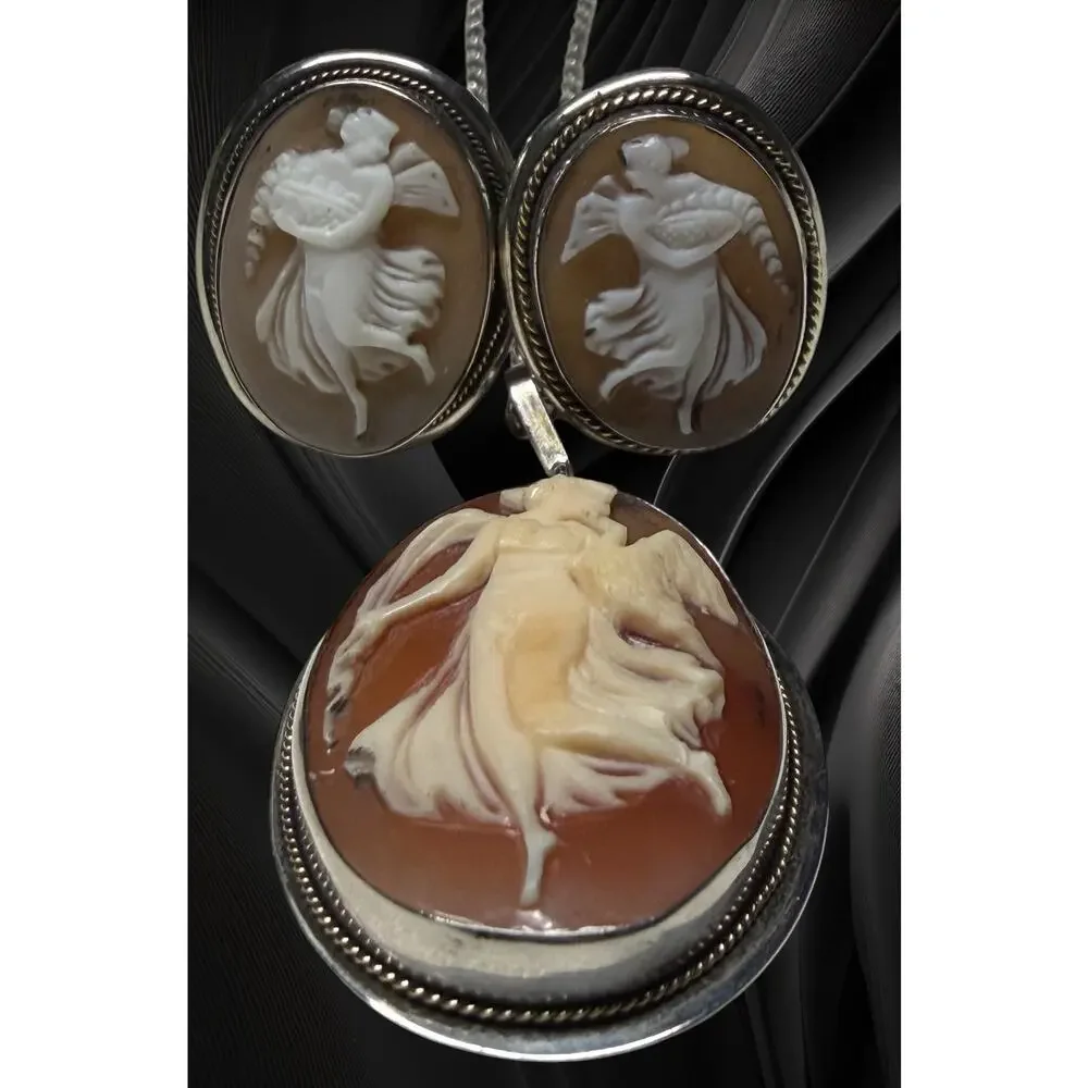 Vintage Sterling Shell Cameo Dancing Muse Necklace & Matching Clip Earrings Set