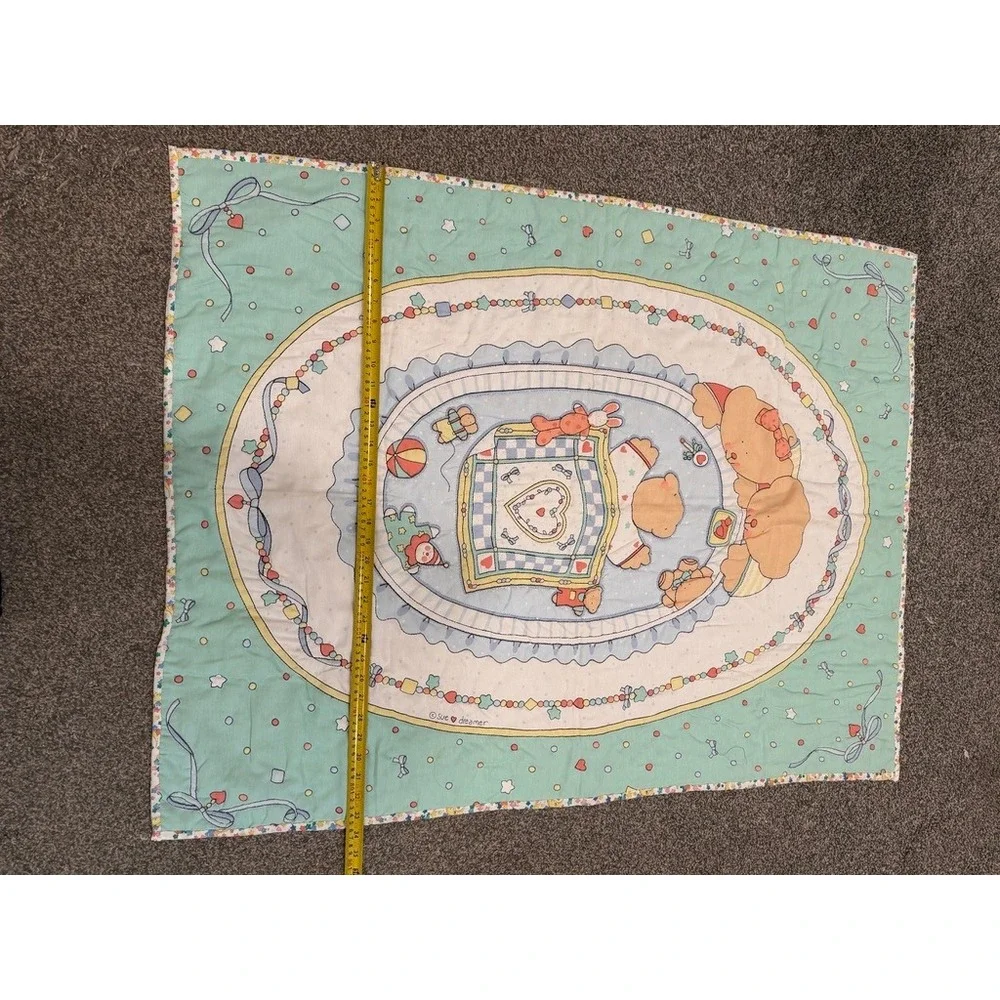 Vintage Sue Dreamer Teddy Bear Baby Quilt Blanket Mint Green Pastel 33x43