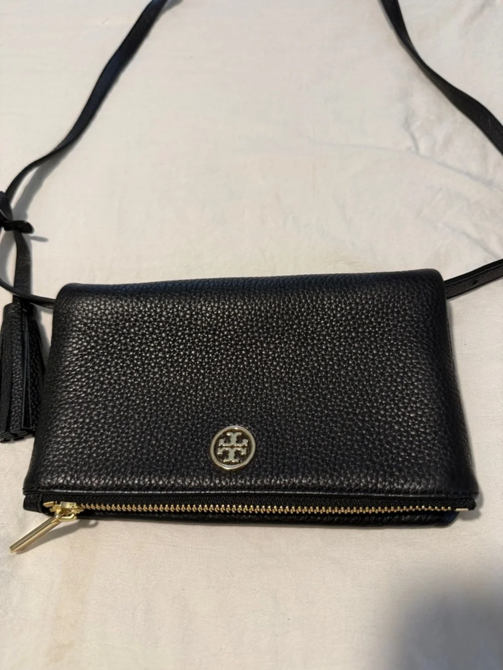 Tory Burch Black Pebbled Leather Crossbody with Tassel