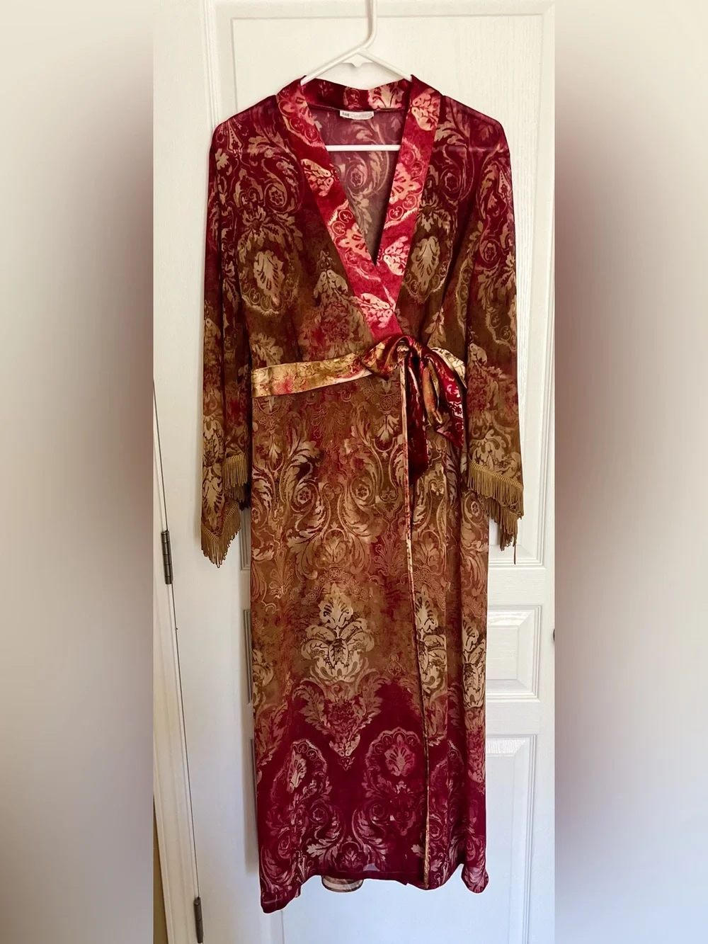 Vintage 1990s Burgundy Floral Lingerie Set -Front Tie Robe with Matching Slip
