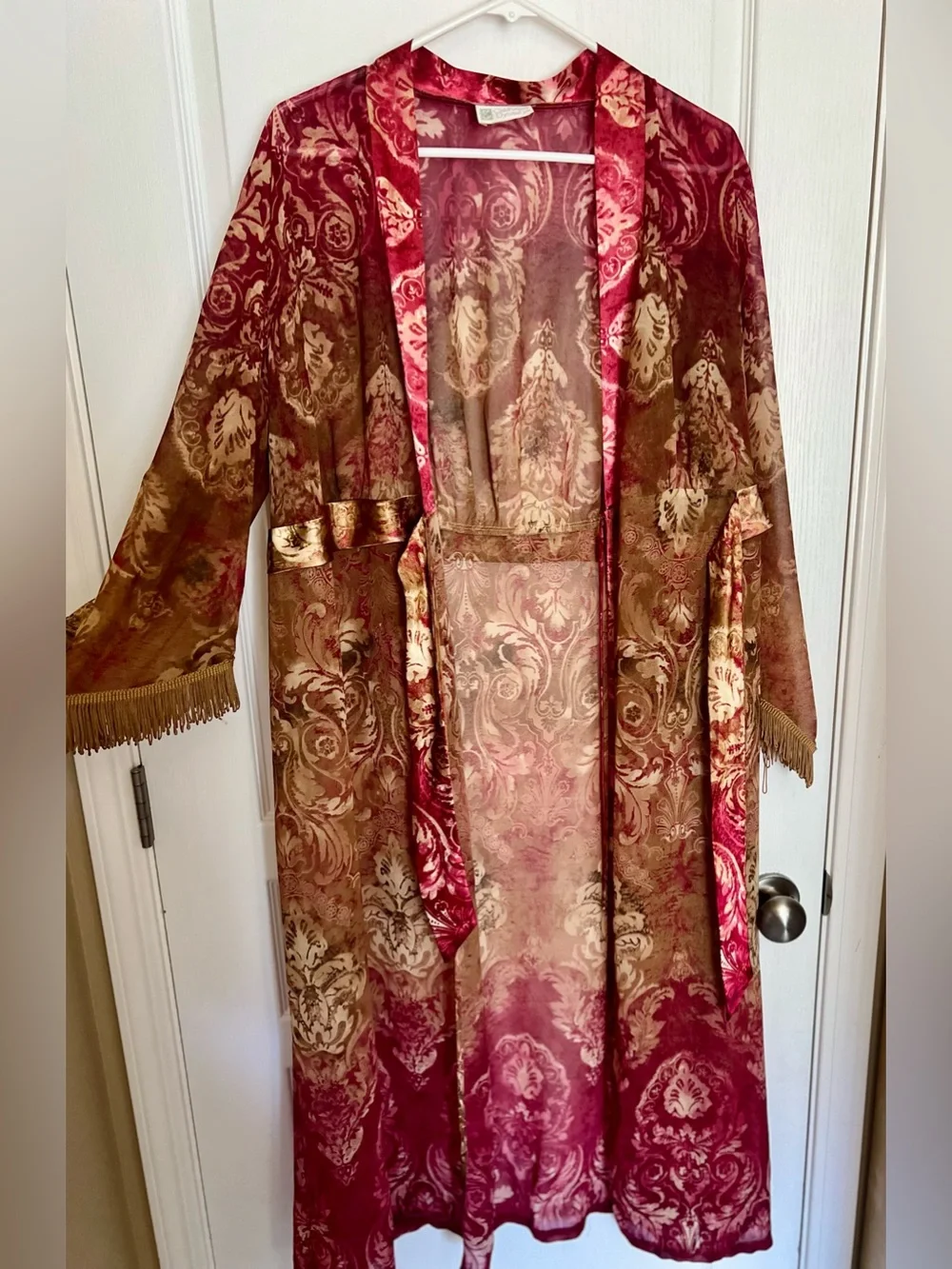 Vintage 1990s Burgundy Floral Lingerie Set -Front Tie Robe with Matching Slip