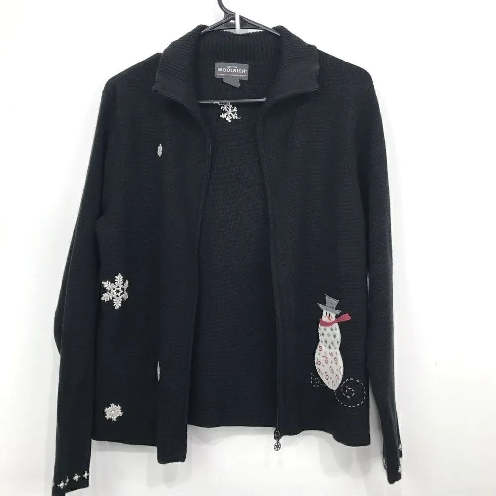 Woolrich Black Knit Snowman Snowflake Zip Up Cardigan Holiday Ski Lodge Sweater