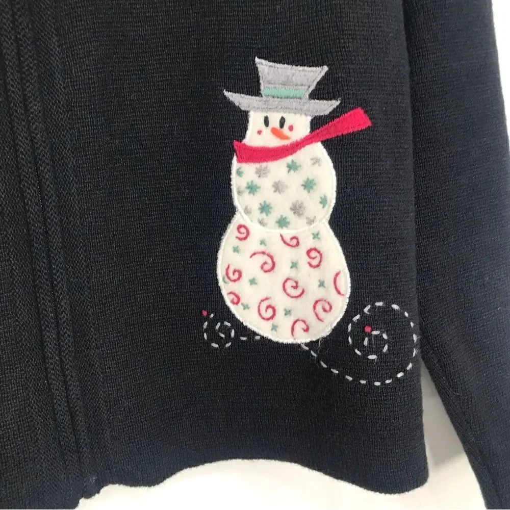 Woolrich Black Knit Snowman Snowflake Zip Up Cardigan Holiday Ski Lodge Sweater