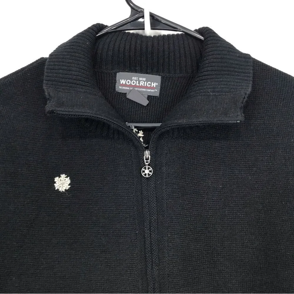Woolrich Black Knit Snowman Snowflake Zip Up Cardigan Holiday Ski Lodge Sweater