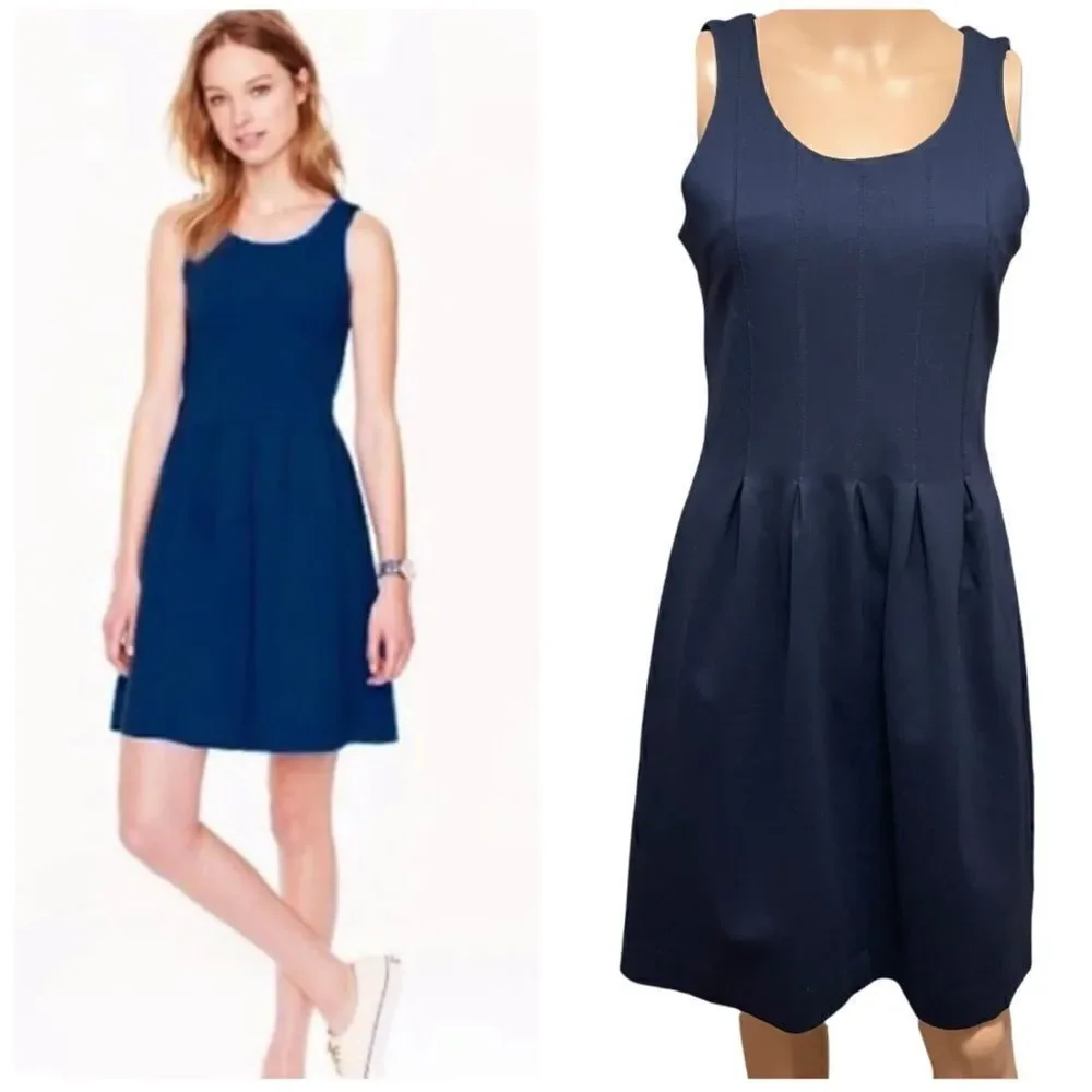 J. Crew Navy Scuba Reverse Pleats Fit & Flare Dress Sz 4