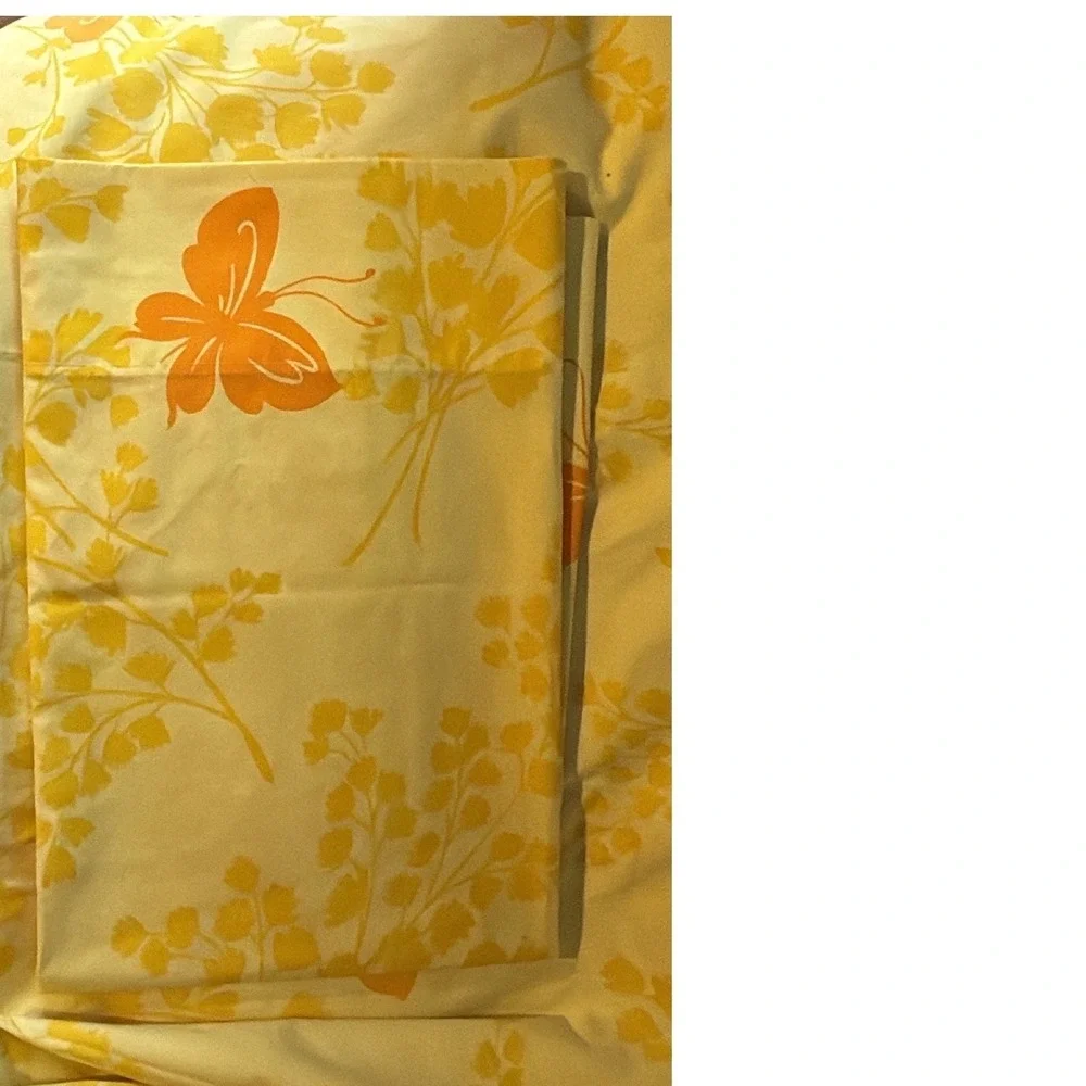 VTG Yellow Butterfly Fern Print Bedding Twin Flat Sheet & Pillow Case Retro‎ MCM