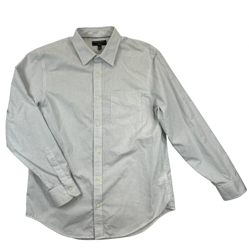 Banana Republic Shirt Mens L White‎ Green Dot Pattern Button Down Long Sleeve