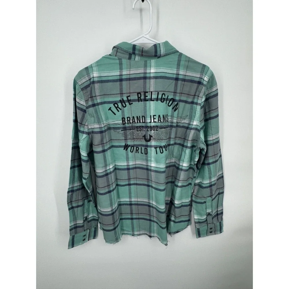 NWT True‎ Religion Western Plaid Flannel Shirt Men's Large Teal Grey Long Sleeve