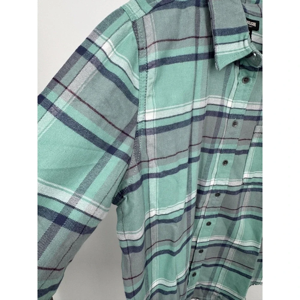 NWT True‎ Religion Western Plaid Flannel Shirt Men's Large Teal Grey Long Sleeve