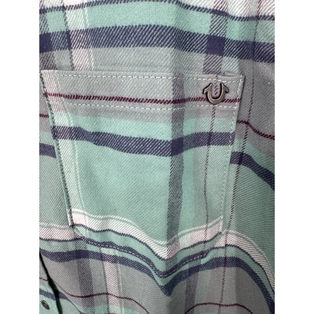 NWT True‎ Religion Western Plaid Flannel Shirt Men's Large Teal Grey Long Sleeve