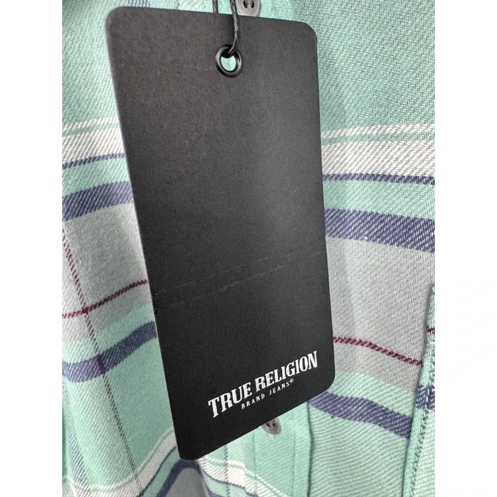 NWT True‎ Religion Western Plaid Flannel Shirt Men's Large Teal Grey Long Sleeve