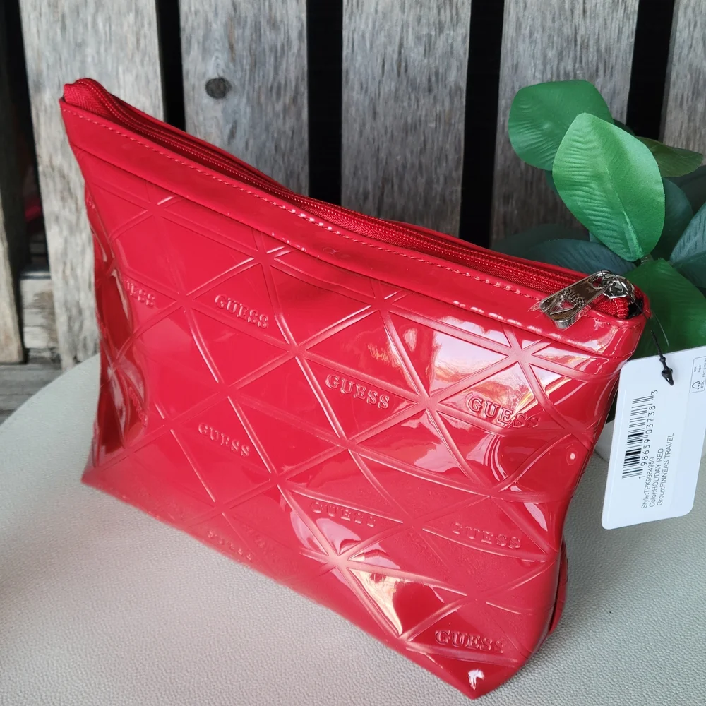 Red Patent GUESS Shiny Finish Embossed Cosmetic Zip Pouch