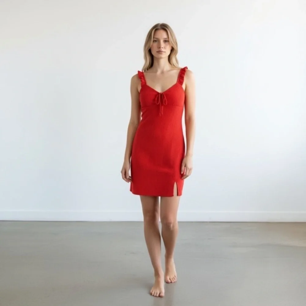 No Boundaries Dress Womens XS Red Ribbed Knit Bodycon Mini Ruched Tie