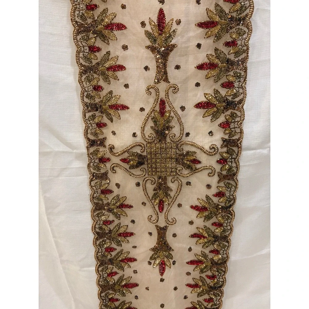 Embellished Sheer Table Runner Beaded Sequins‎ Red Gold Accent Decor