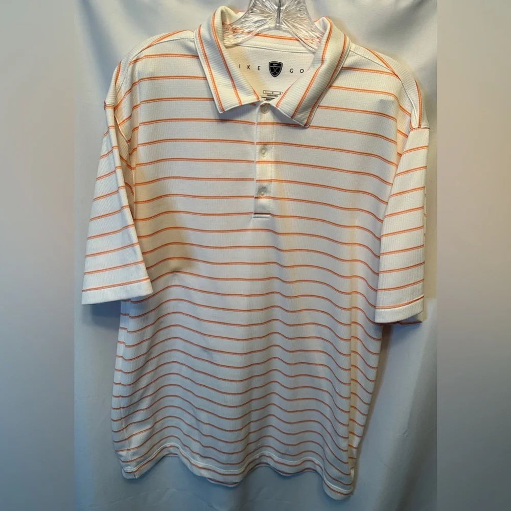 Nike Golf Size‎ Large Polo Shirt Textured Knit White Orange Striped Short Sleeve