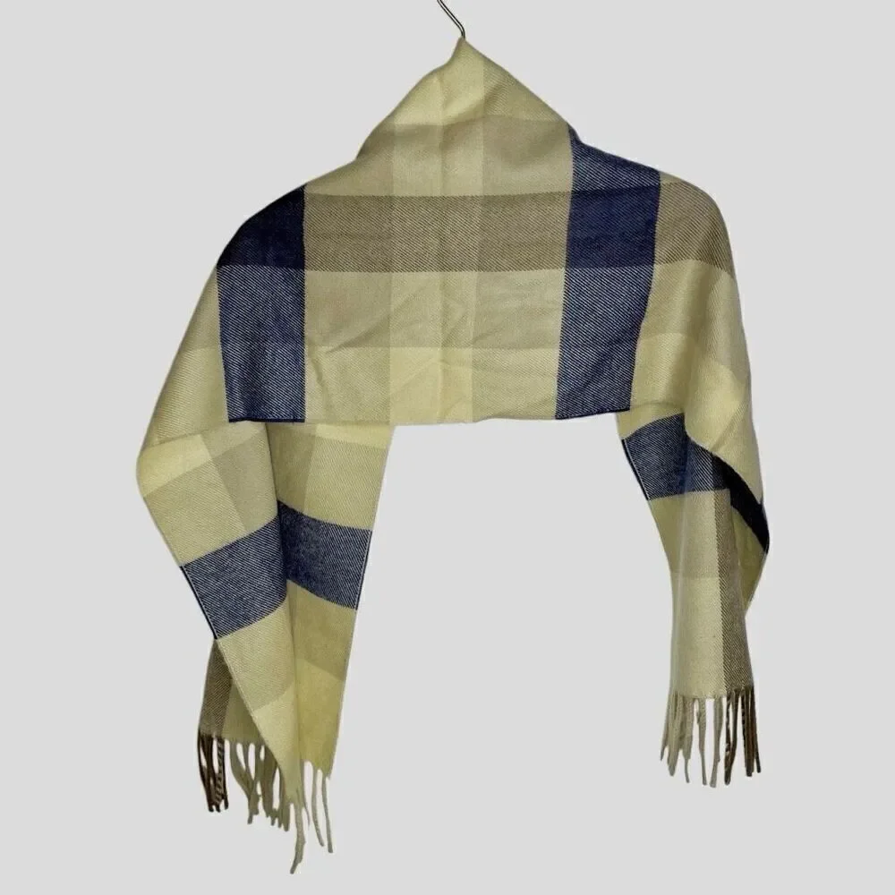 CHRISTIAN DIOR Monsieur Vintage Check‎ Tan Plaid Cashmaire Scarf Fringe 11”x48”