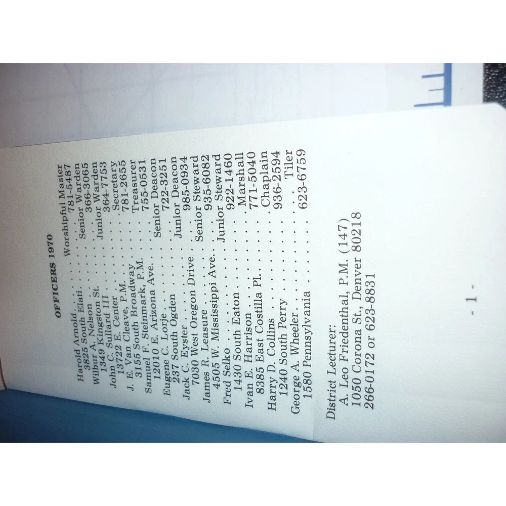 Malta Lodge No 178 AF & AM Denver Colorado 1970 Directory‎ Booklet