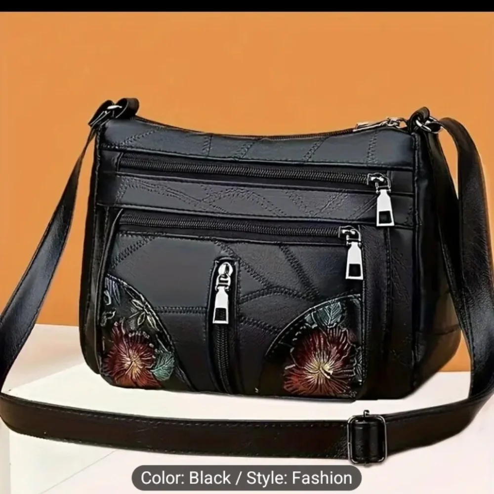 Black Leather Handbag CrossBody‎ Bag Hand Painted Black Shoulder New Z6