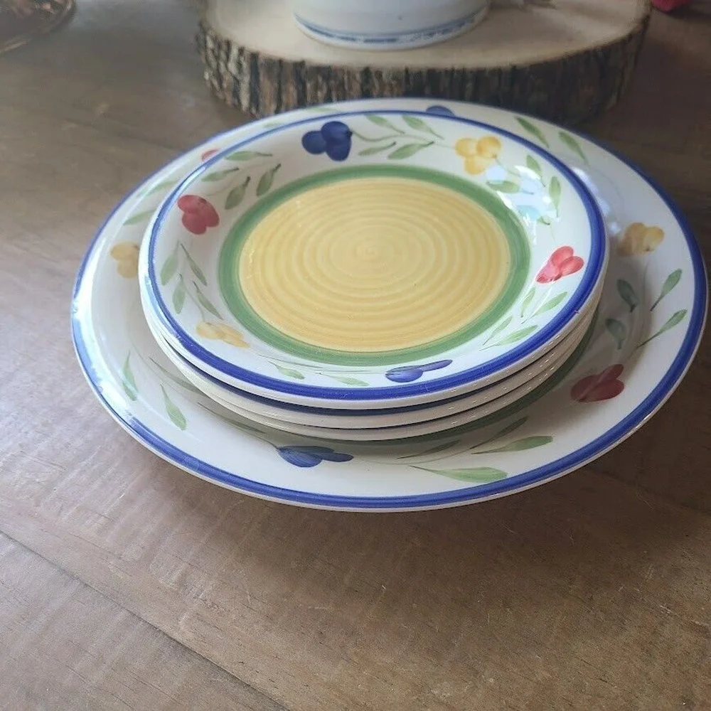 Pier 1 122 Hand Painted Stoneware Salad Dinner Plates Floral Set Of 4