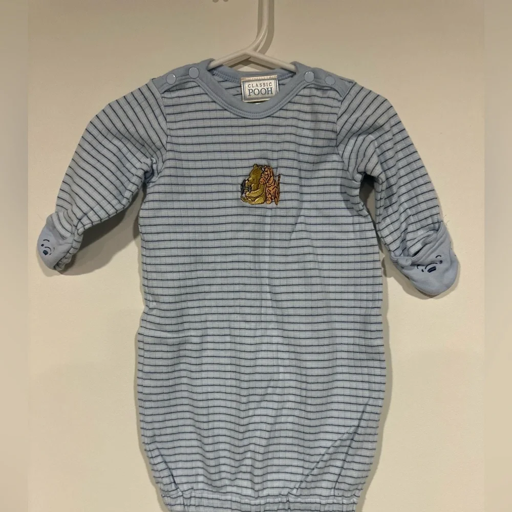 Vintage Classic Pooh Blue Striped Newborn Sleep Gown Embroidered 0-3 months