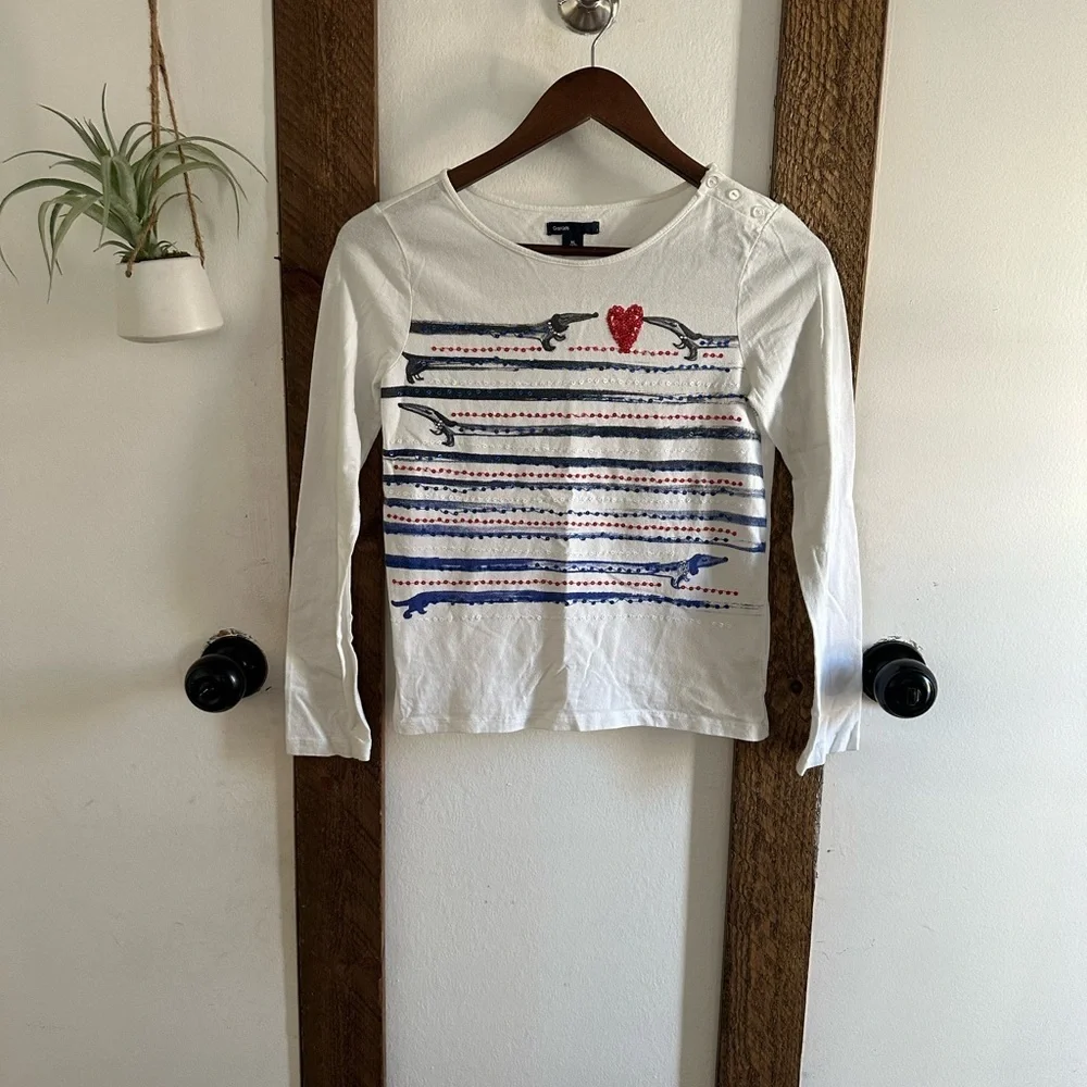 Gap Girls Long Sleeve Cotton Shirt Dachshund Dogs Heart Sequins Paris Type Artsy