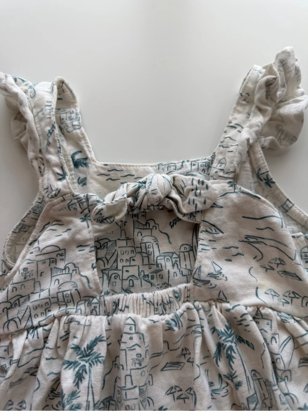 Cream Ruffled Sundress with Teal Scenic Print for Girls