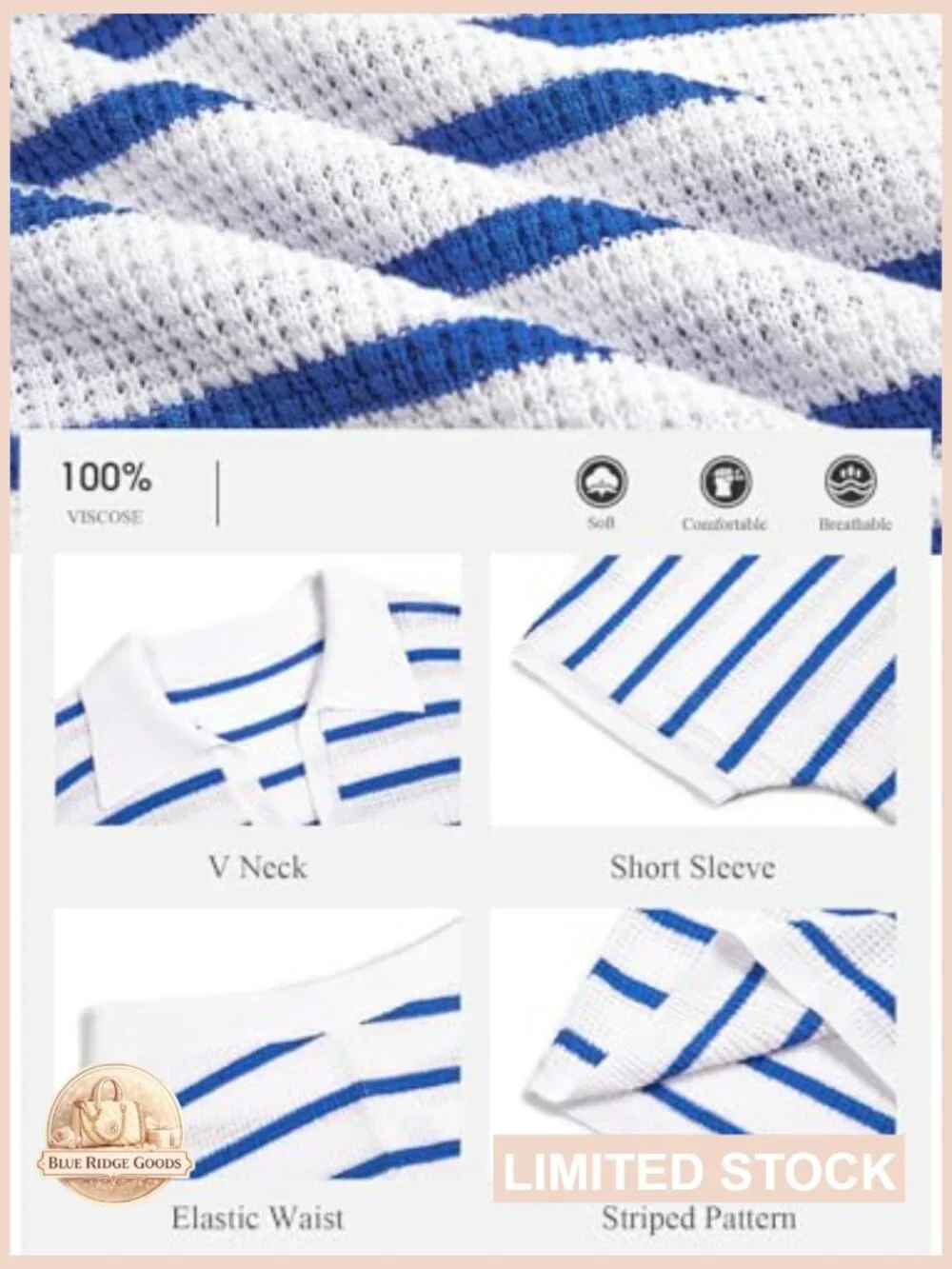 Striped Knit Short Sleeve V-Neck Top and Shorts Matching Lounge Set