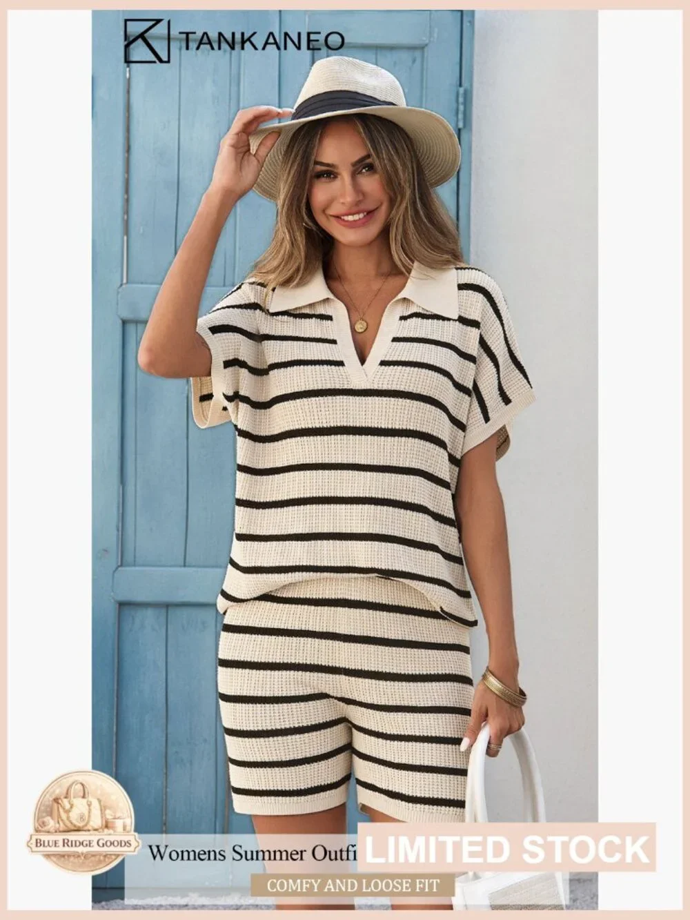 Striped Knit Short Sleeve V-Neck Top and Shorts Matching Lounge Set