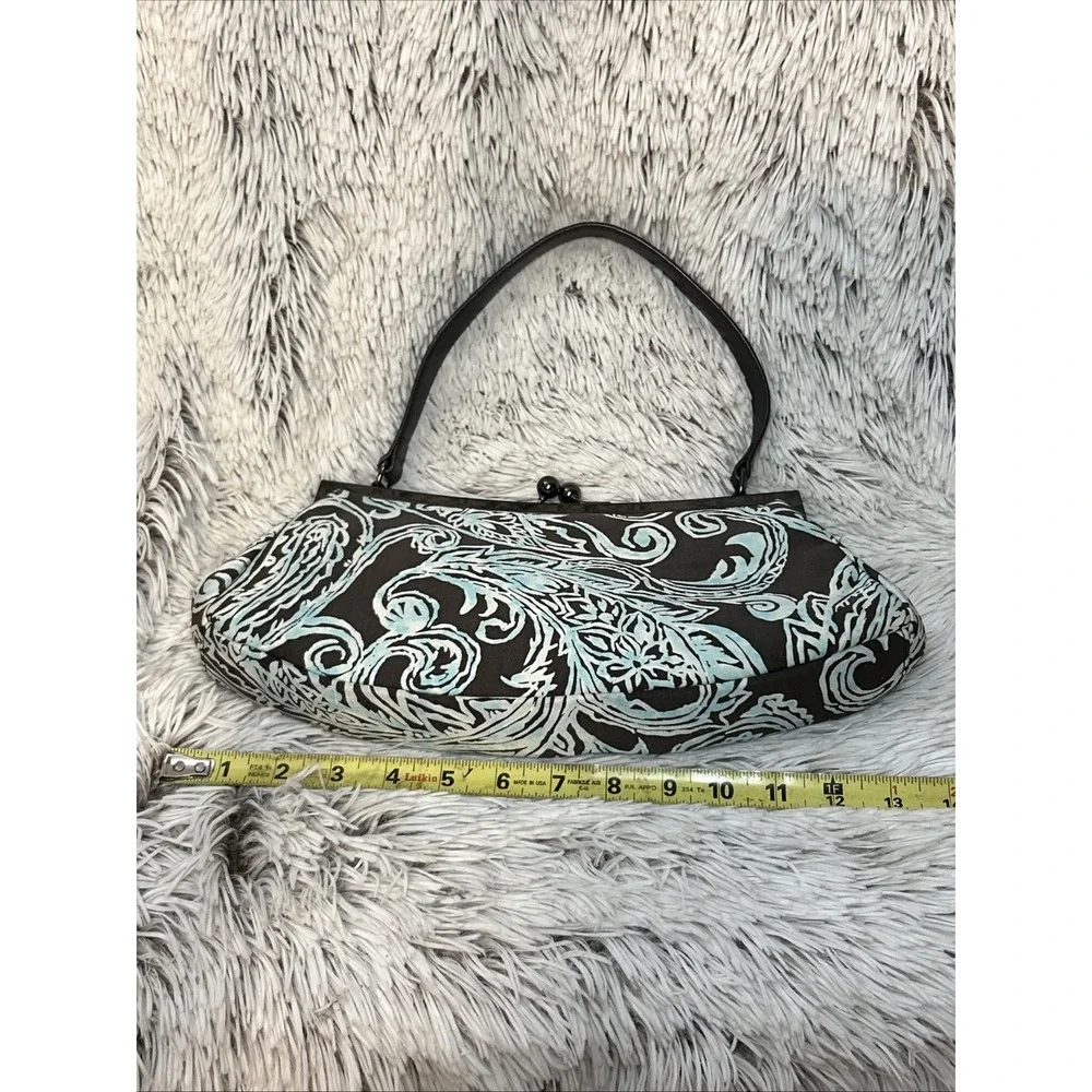 TALBOTS Kisslock Frame Shoulder Bag Brown Turquoise Paisley Print Silk Blend NWT