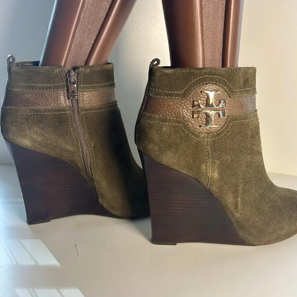 Tory Burch Aaden Wedge Dark Green Suede Ankle Boots Sz 10.5