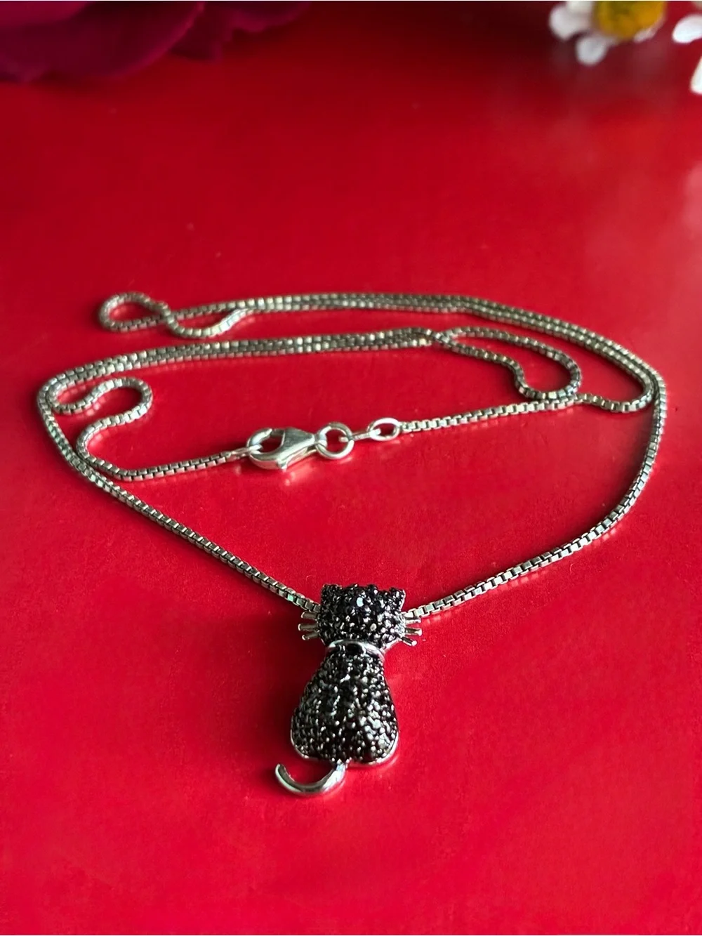925 Silver Necklace,Black Crystal Cat Pendant Necklace - Women's Jewelry 17”