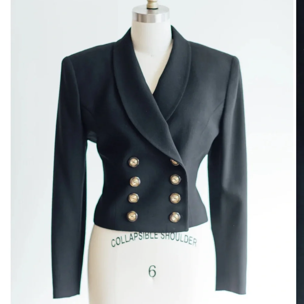 Vintage Christian Dior Butler Wool Black&Gold Button Double Breasted Crop Blazer