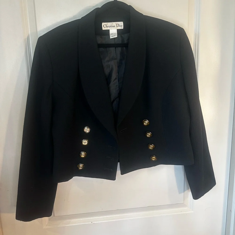 Vintage Christian Dior Butler Wool Black&Gold Button Double Breasted Crop Blazer