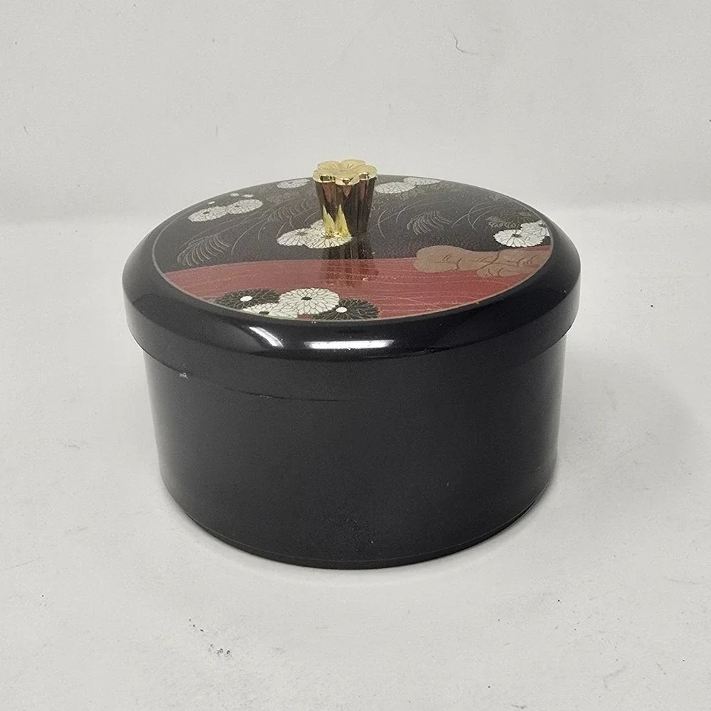 Vtg Japanese Maki-e Lacquer trinket box black round lidded floral