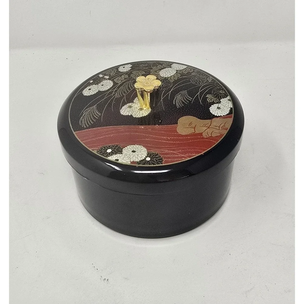 Vtg Japanese Maki-e Lacquer trinket box black round lidded floral