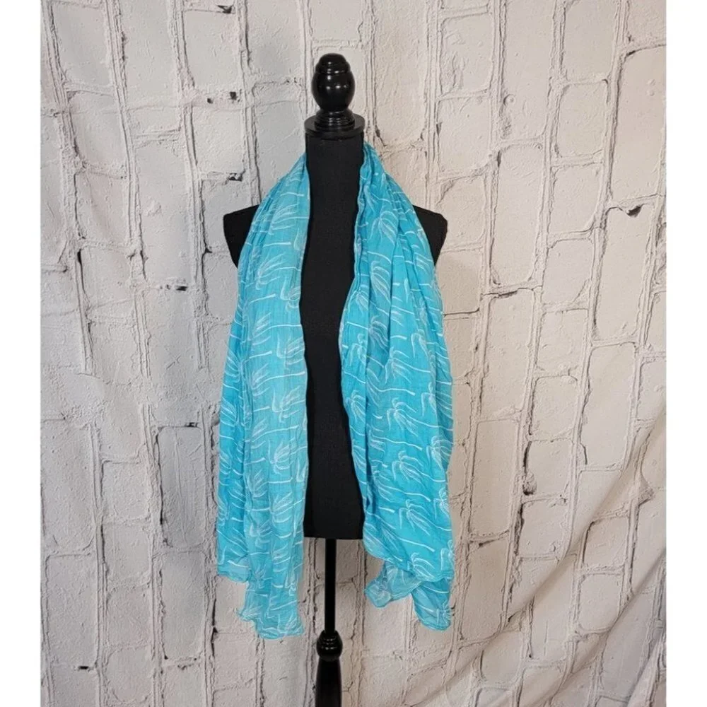 LIGHT Sky Blue and White Caribbean Palm Tree Lightweight 100% Cotton‎ Scarf