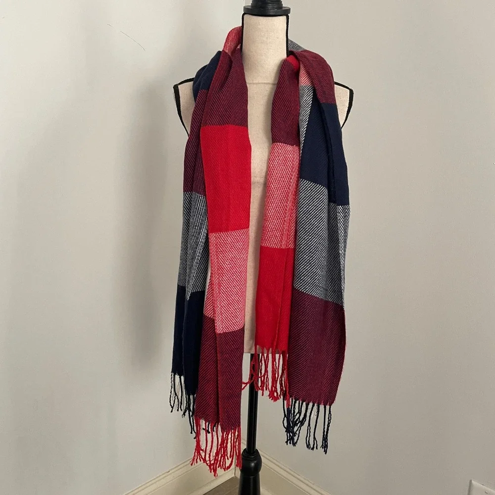 Blanket Scarf Plaid Warm‎ Winter Shawl Wrap Fringe Red Navy USA Preppy Holiday