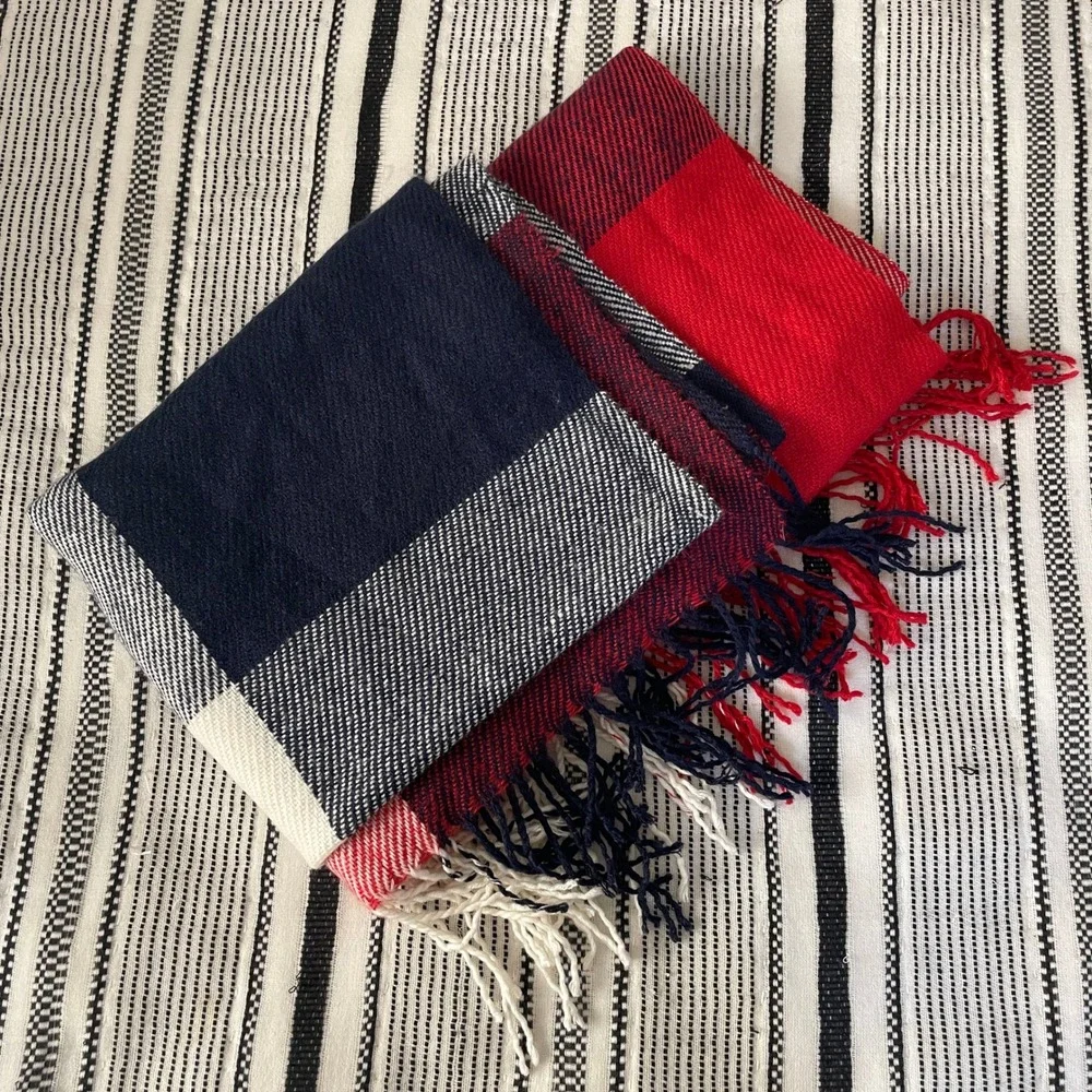 Blanket Scarf Plaid Warm‎ Winter Shawl Wrap Fringe Red Navy USA Preppy Holiday