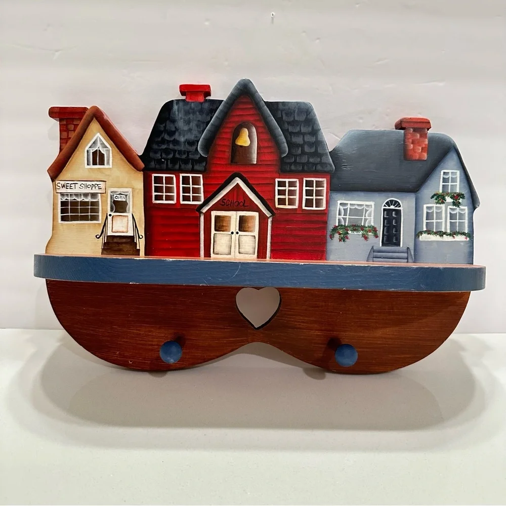 Vintage Cottagecore Village Scene‎ Wooden Wall Shelf Hooks Heart Hand Crafted