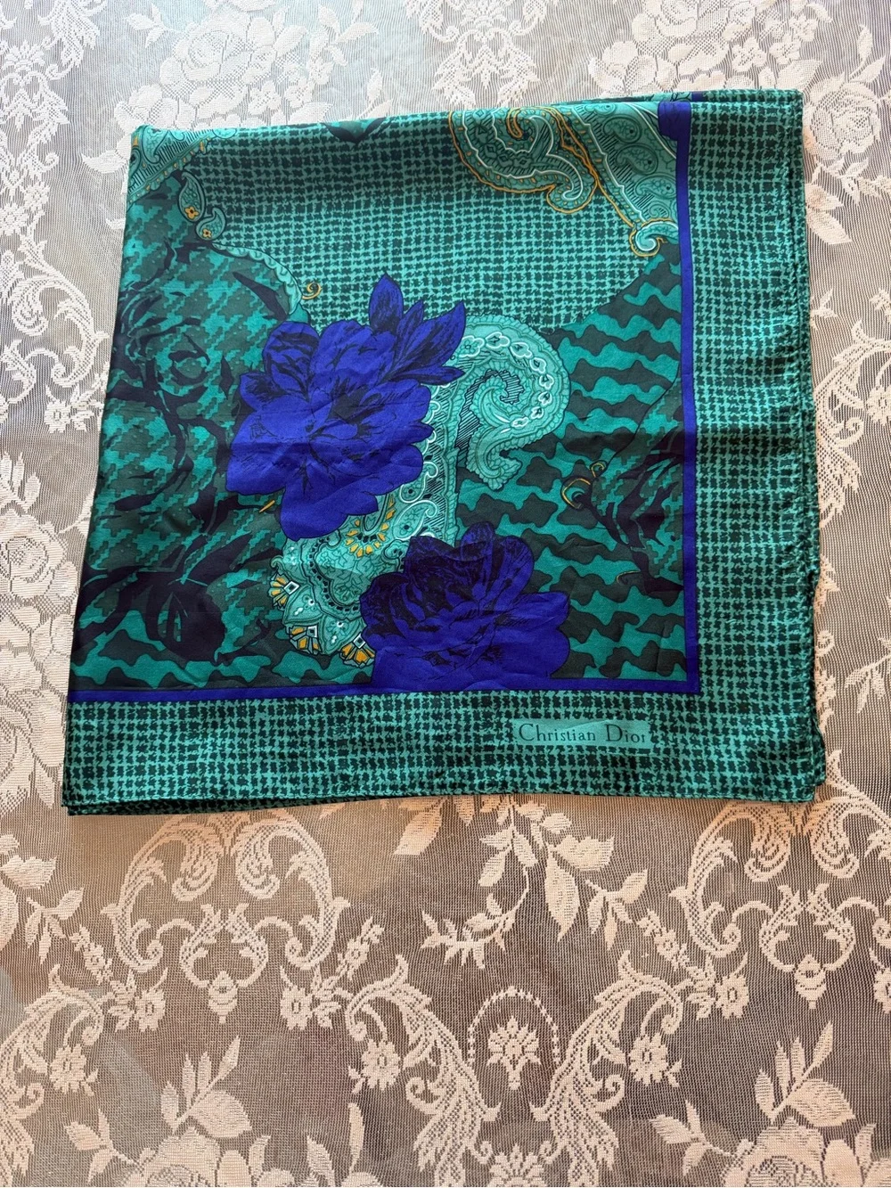 Vintage Dior Green and Blue Floral Paisley Silk Scarf