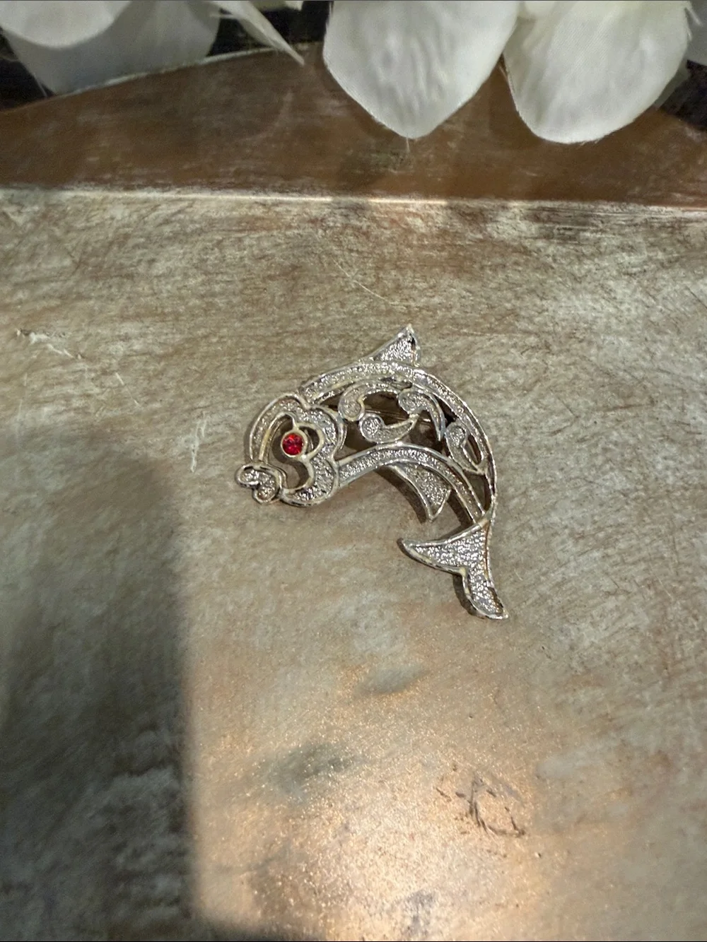 Silver Dolphin Fish Brooch Pin with Red Eye - Unbranded