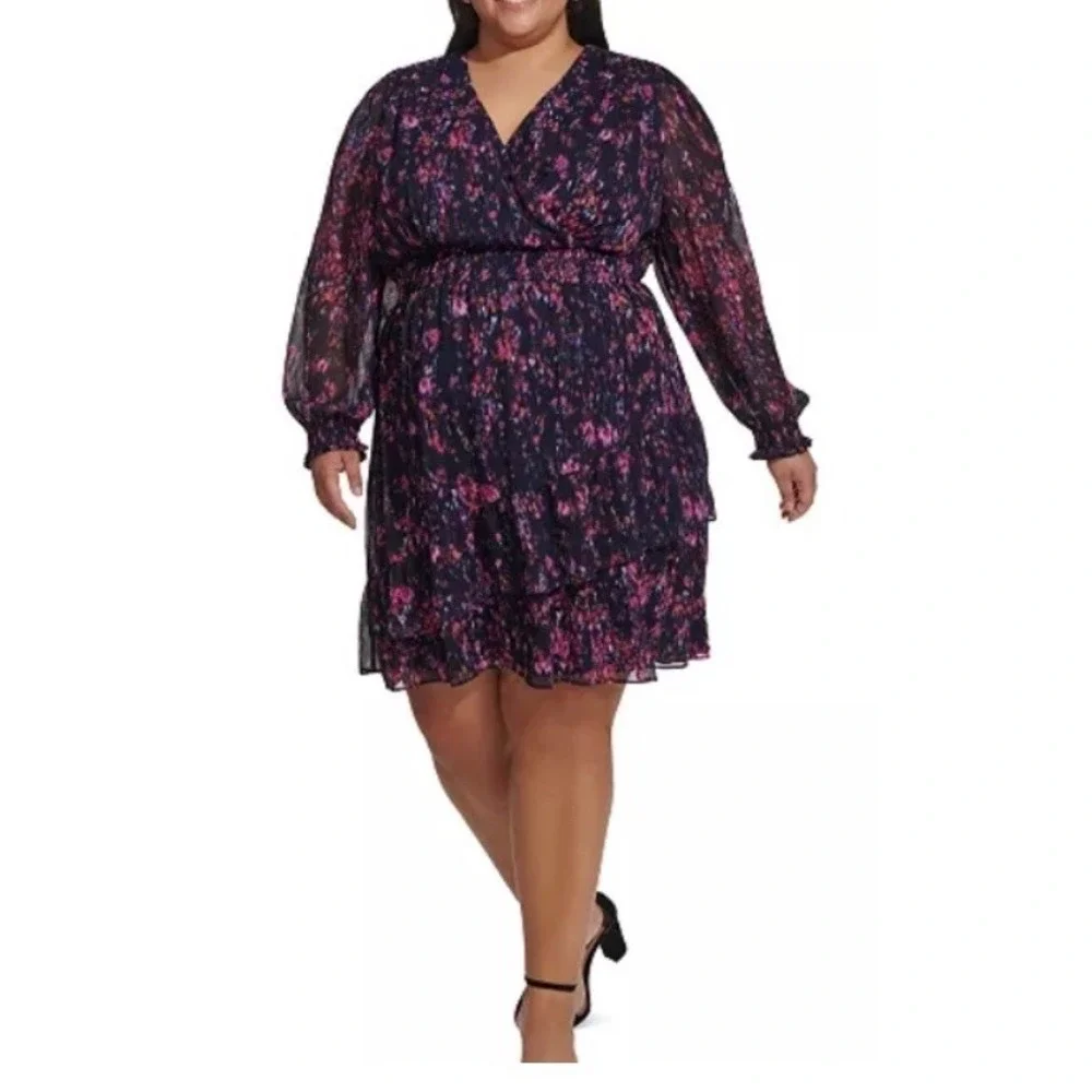 DKNY Plus Size Printed Blouson-Sleeve Fit & Flare Dress Sz 20W New Blue $139