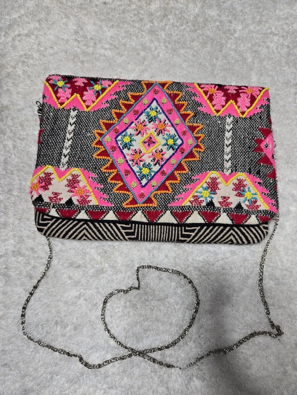 America And Beyond Embroidered And Beaded Boho Clutch Purse On Chain