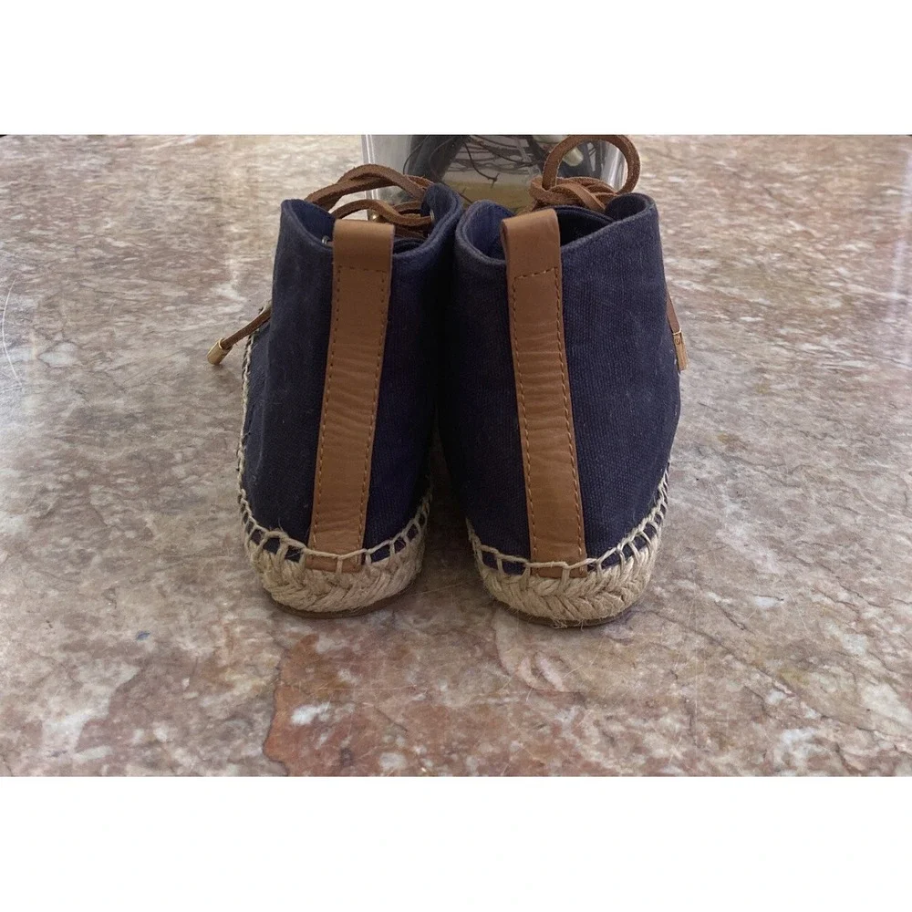 Tory Burch Navy Canvas Espadrille Lace Up Boho Ankle Bootie Flats Sz 7 EUC, $195