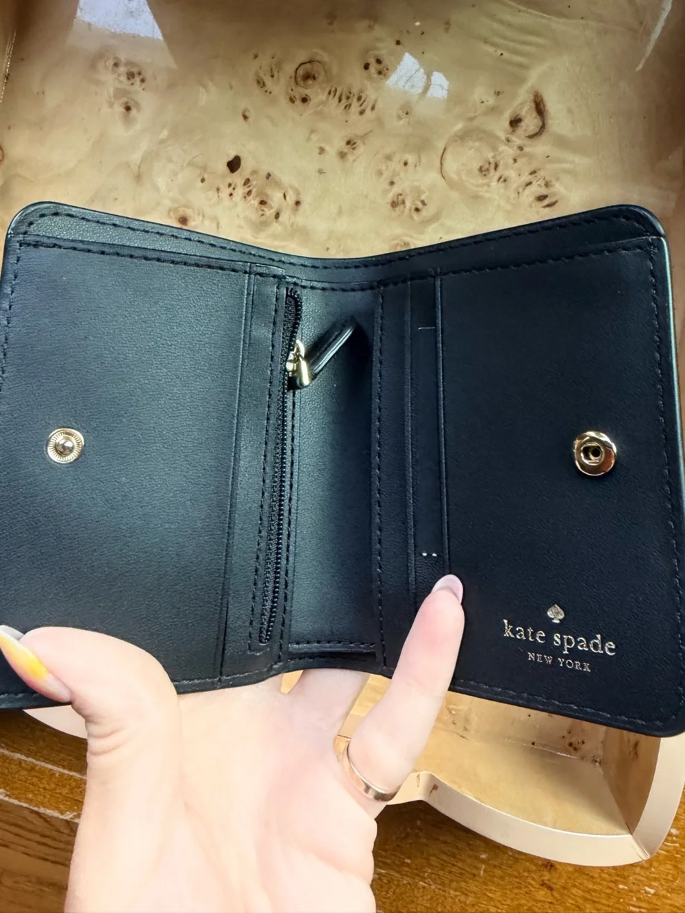 Kate Spade Black Compact Bifold Wallet with Gold Logo