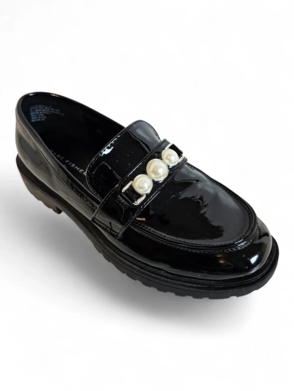 Marc Fisher Girls Loafers Kids Size 3 Black Patent Pearl Band Lug Sole